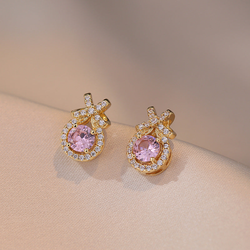 18k Gold Plated Stainless Steel CZ Bowknot Pink Round Cut Zircon Earring Jewelry  for Women