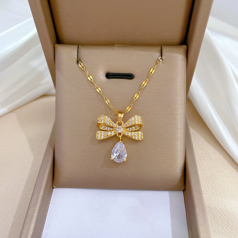 Stainless steel Butterfly Water Droplet Micro-Inlaid Necklace Luxury Vintage