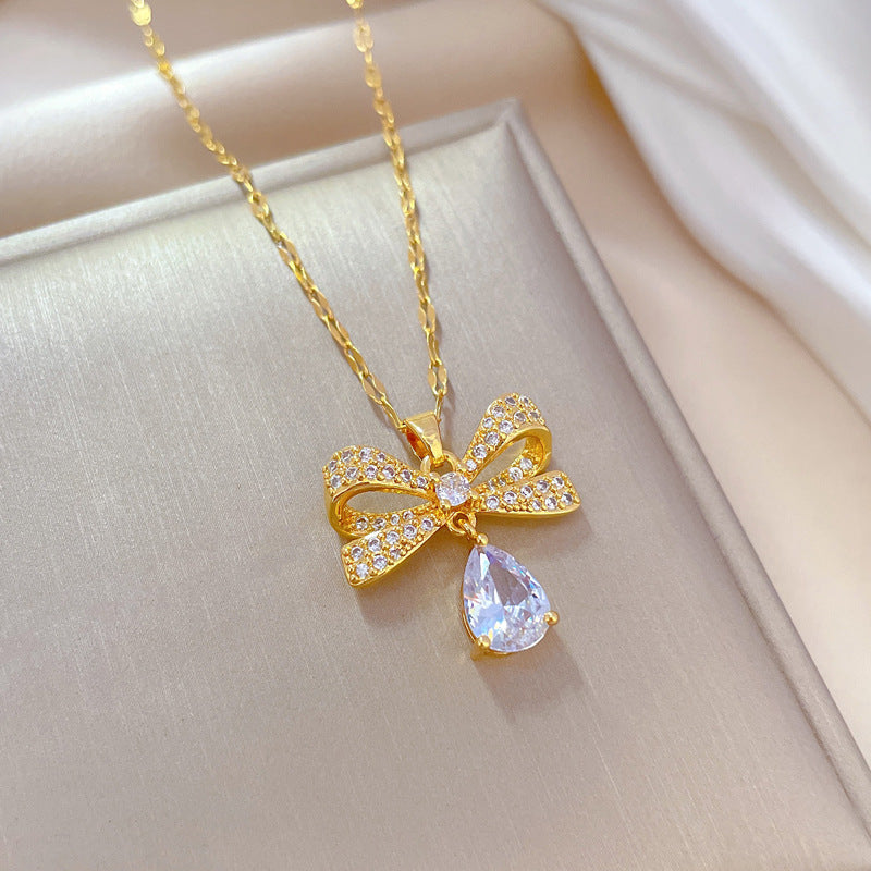 Stainless steel Butterfly Water Droplet Micro-Inlaid Necklace Luxury Vintage