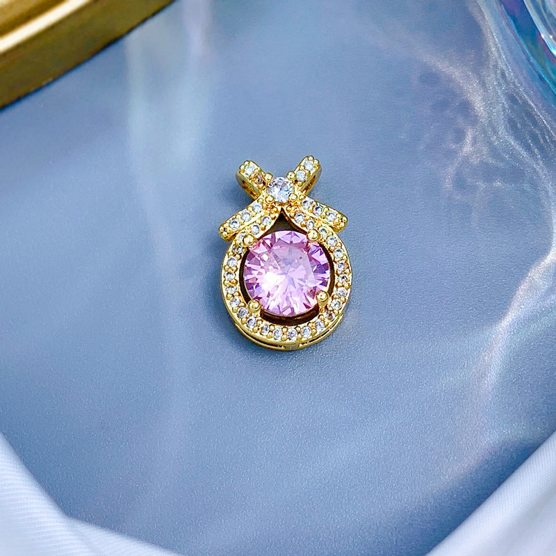 18k Gold Plated Stainless Steel CZ Bowknot Pink Round Cut Zircon Earring Jewelry  for Women