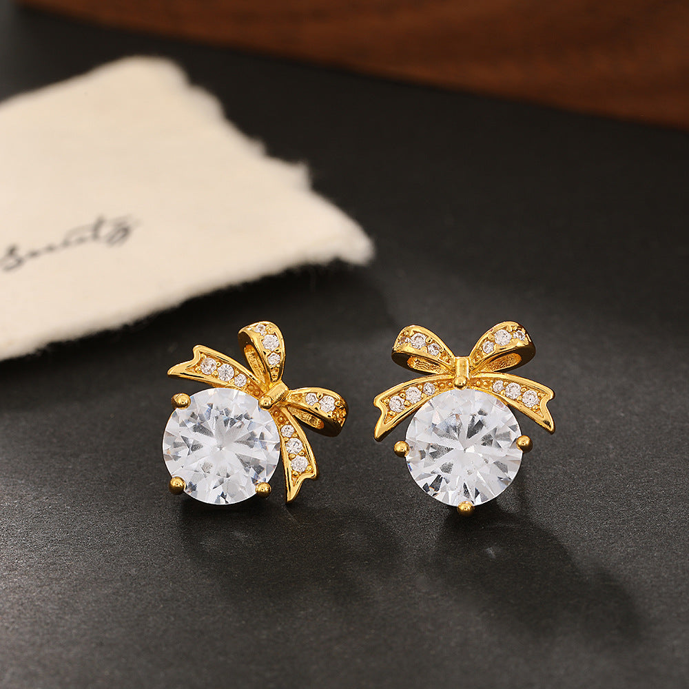 18k Gold Plated Stainless Steel CZ Bowknot Pink Round Cut Zircon Earring Jewelry  for Women