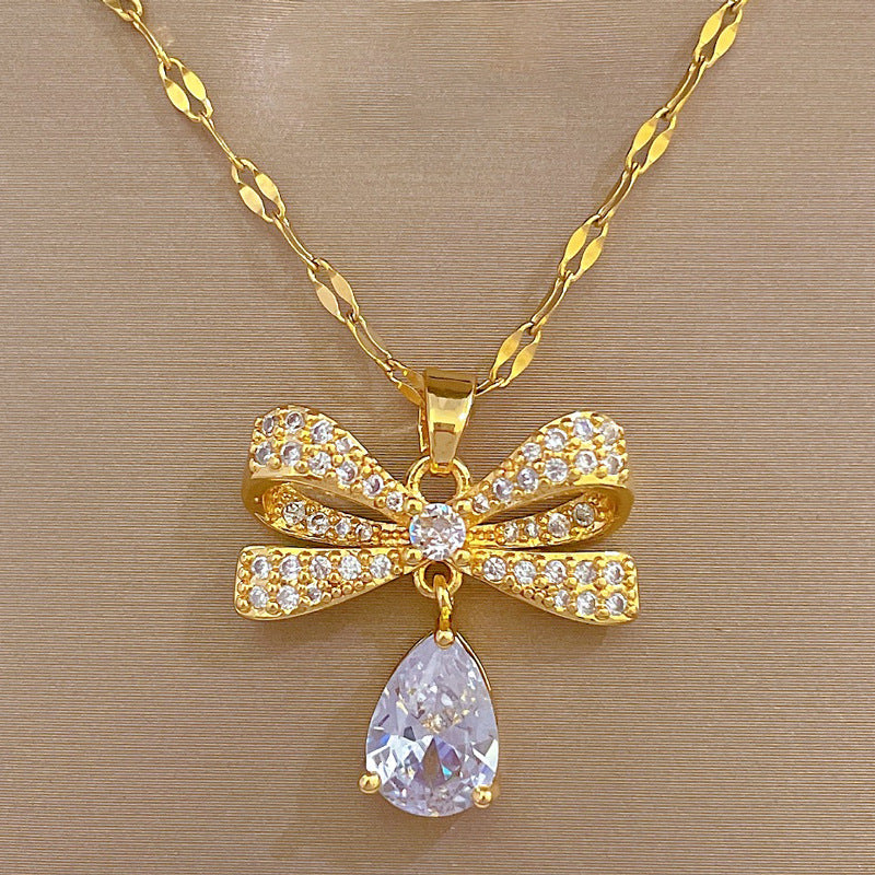 Stainless steel Butterfly Water Droplet Micro-Inlaid Necklace Luxury Vintage