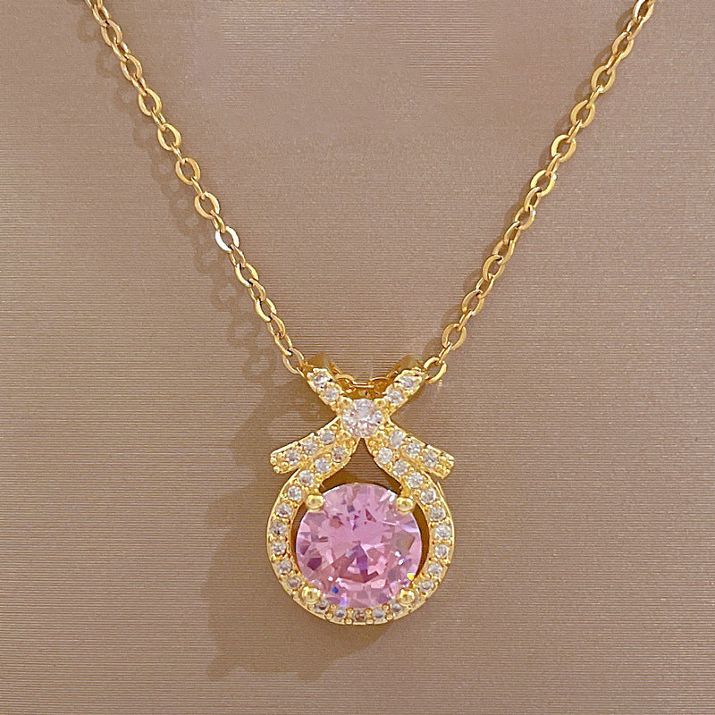 18k Gold Plated Stainless Steel CZ Bowknot Pink Round Cut Zircon Pendant Necklace