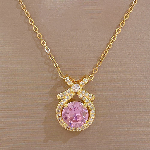 18k Gold Plated Stainless Steel CZ Bowknot Pink Round Cut Zircon Pendant Necklace