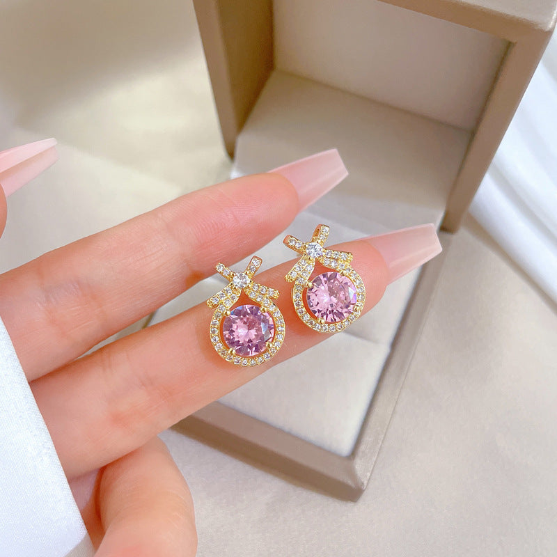 18k Gold Plated Stainless Steel CZ Bowknot Pink Round Cut Zircon Earring Jewelry  for Women