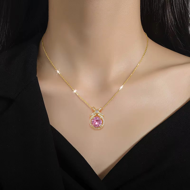 18k Gold Plated Stainless Steel CZ Bowknot Pink Round Cut Zircon Pendant Necklace